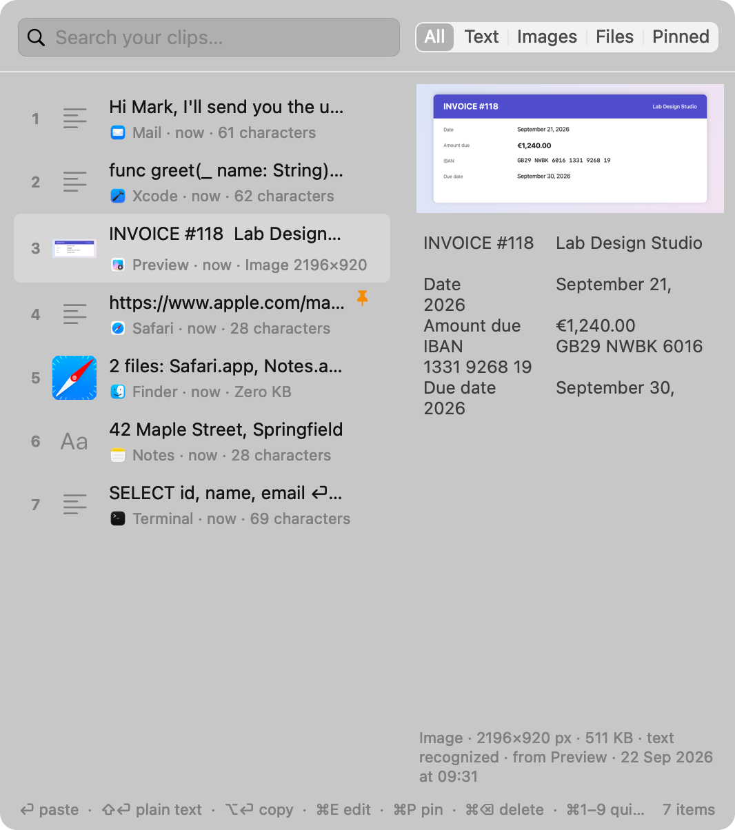 The Clip Lab history: a screenshot of an invoice with its text read underneath, ready to paste