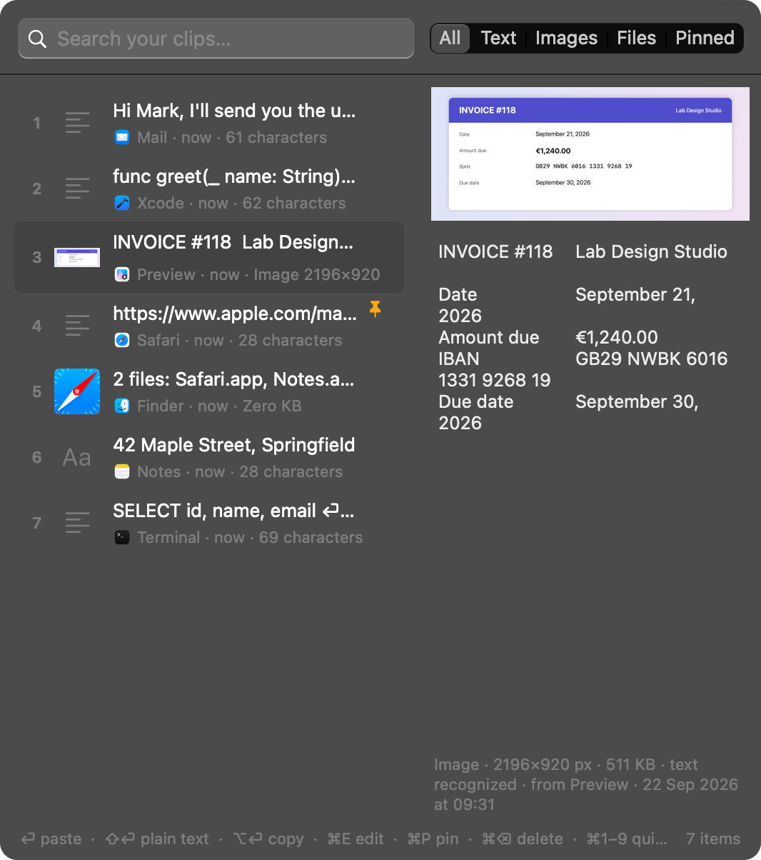 The Clip Lab history in dark mode