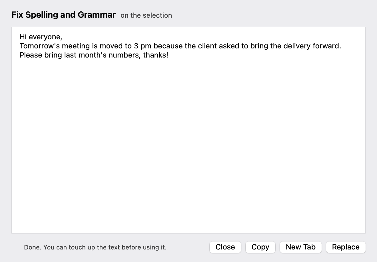 The PadLab++ assistant has fixed a message: “tomorrow's”, “because”, “forward”, with the Replace, New Tab and Copy buttons