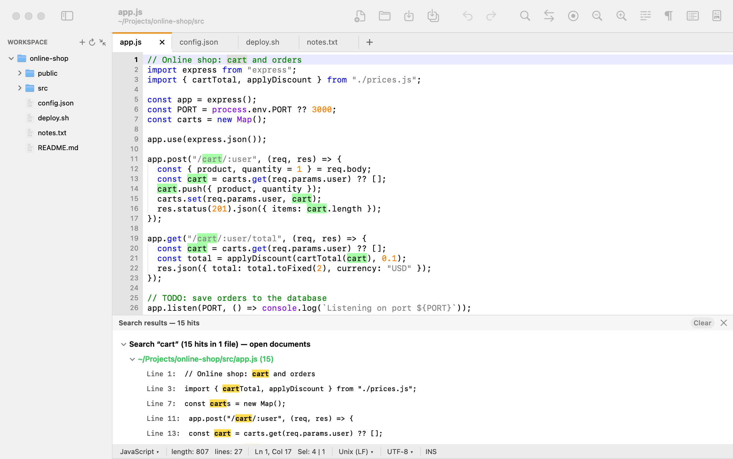 PadLab++ with the classic theme: four tabs, the workspace on the left and search results at the bottom