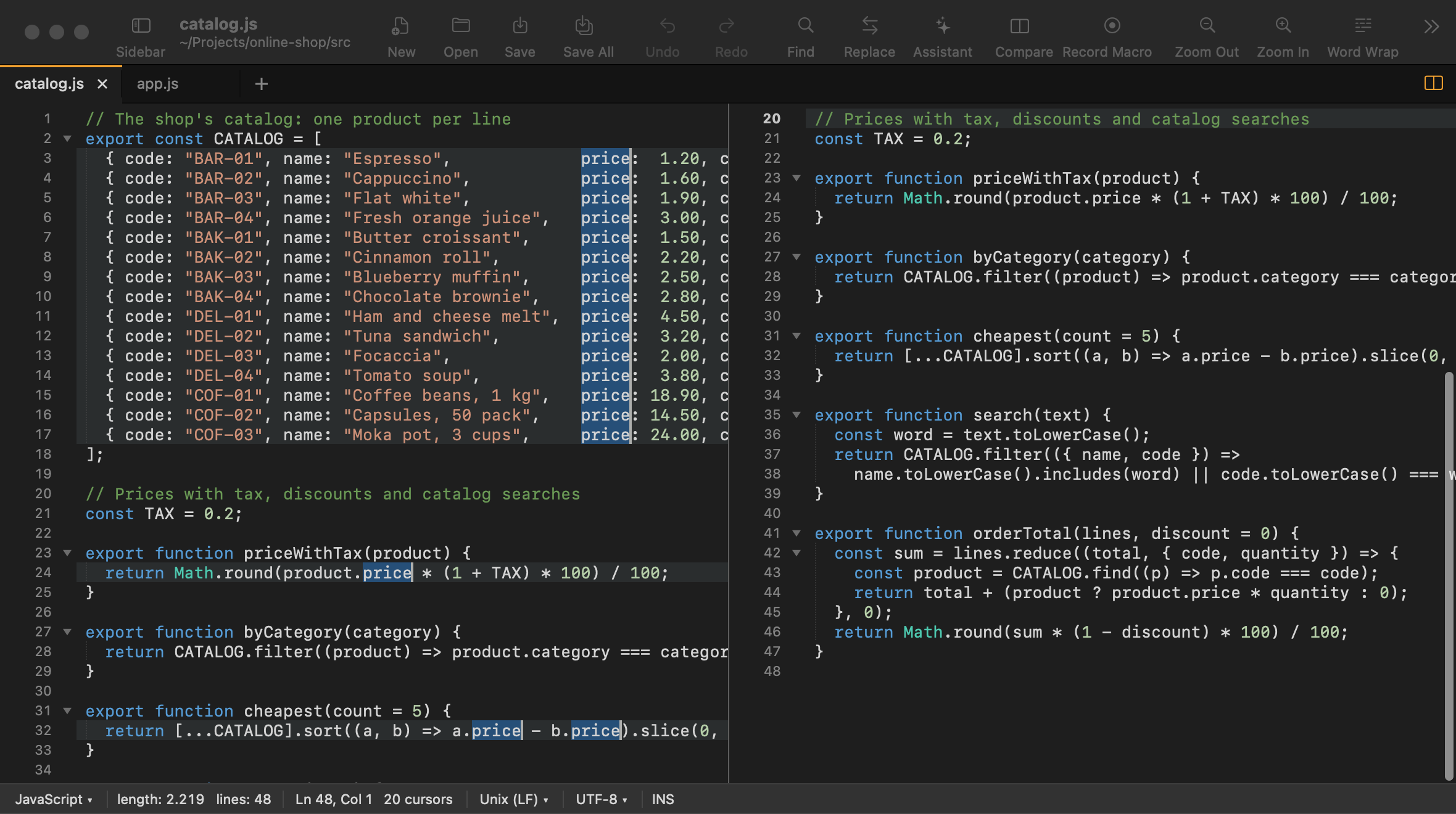 PadLab++ multiple cursors and split view in dark mode