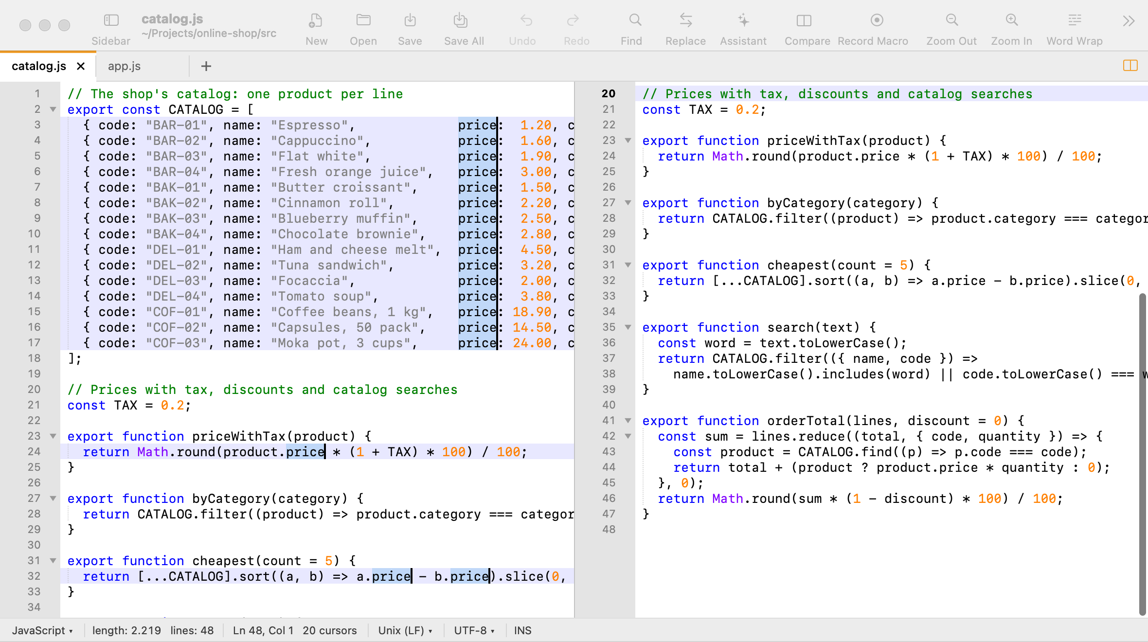 PadLab++ in split view: on the left a catalog with every word “price” selected, one cursor per line; on the right the same file further down