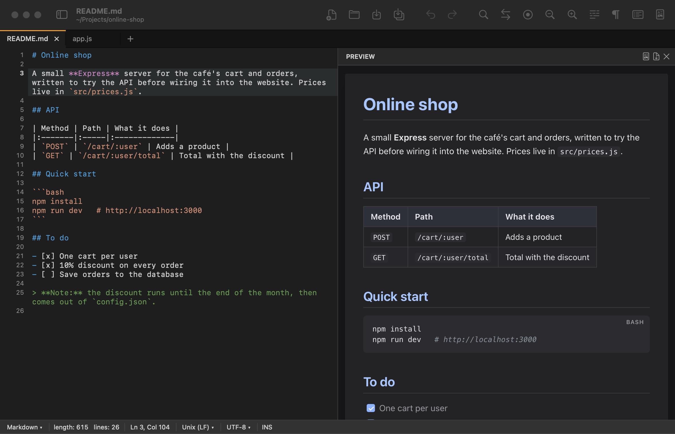 The PadLab++ Markdown preview in dark mode