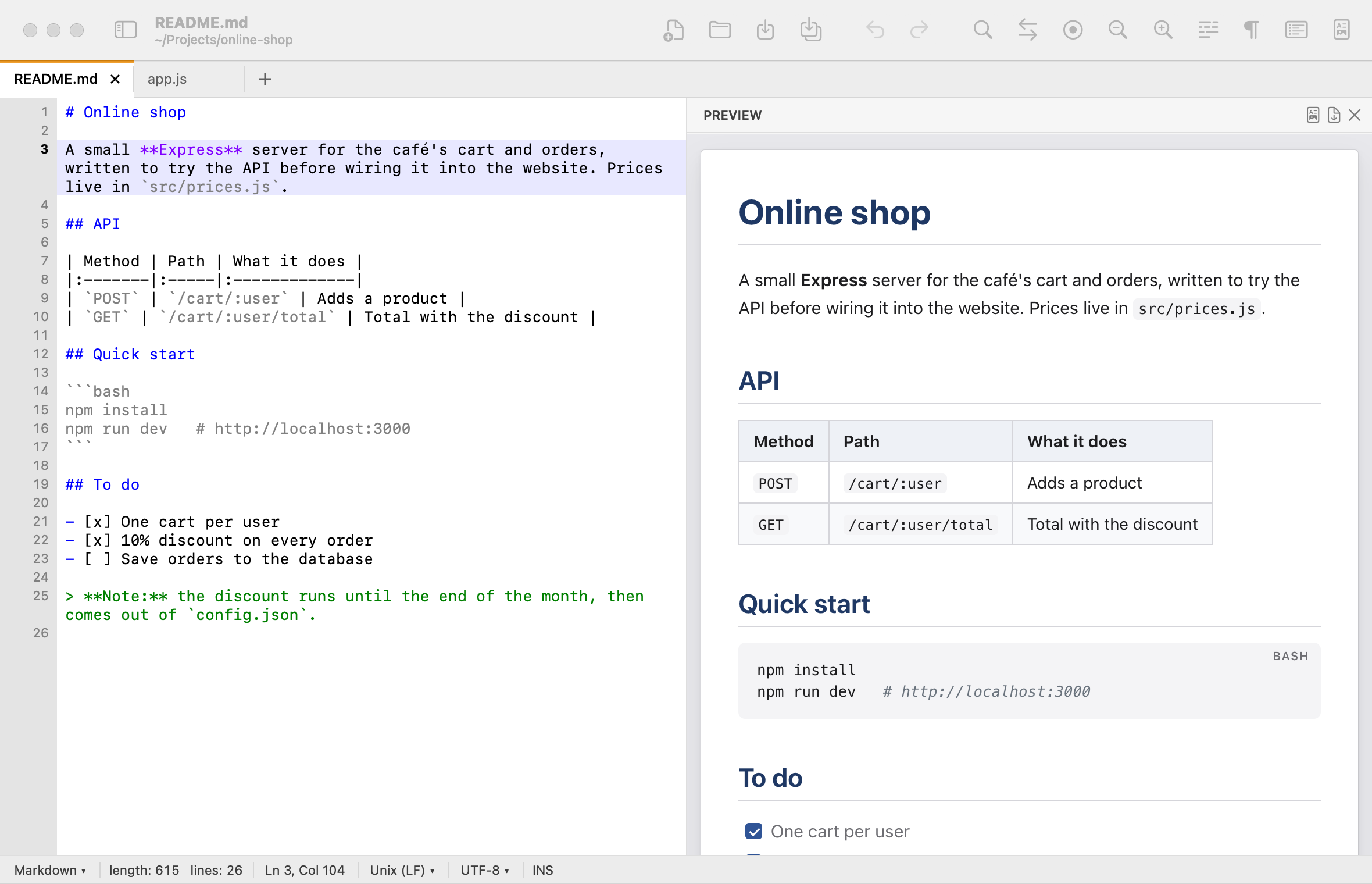 PadLab++ with a Markdown README on the left and the laid-out page on the right: title, API table, code and checkboxes