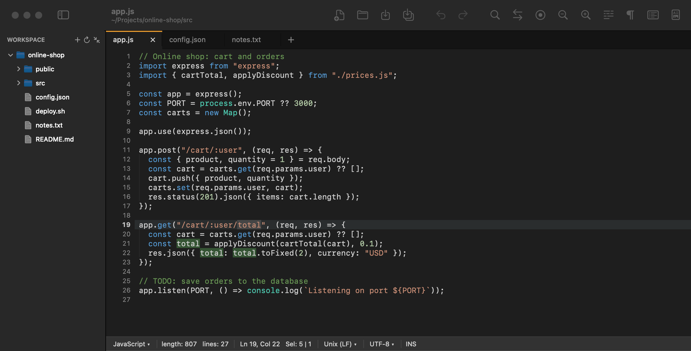 PadLab++ with the dark theme: JavaScript code, the workspace on the left and a word highlighted across the file