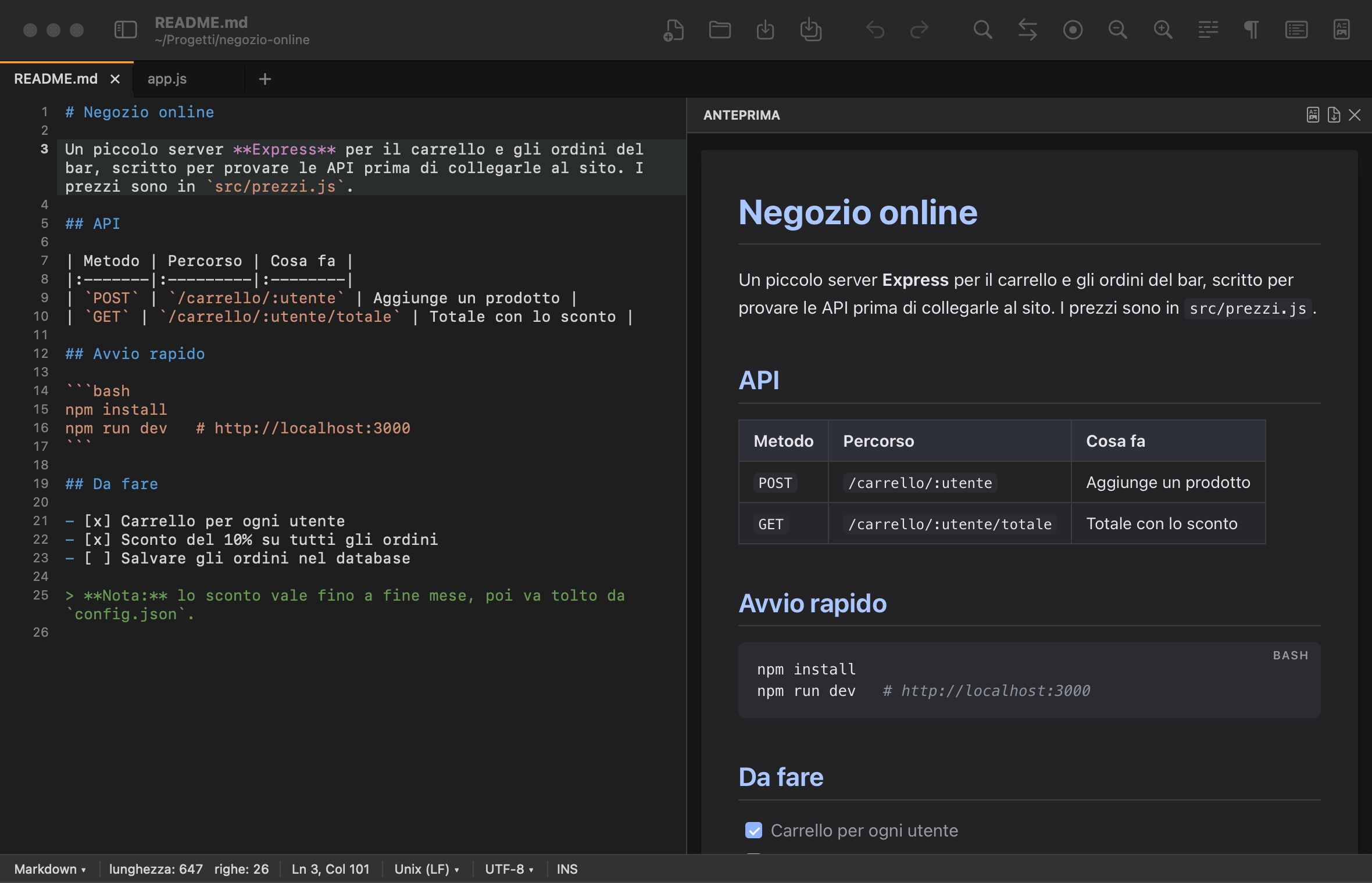L'anteprima Markdown di PadLab++ in modalità scura