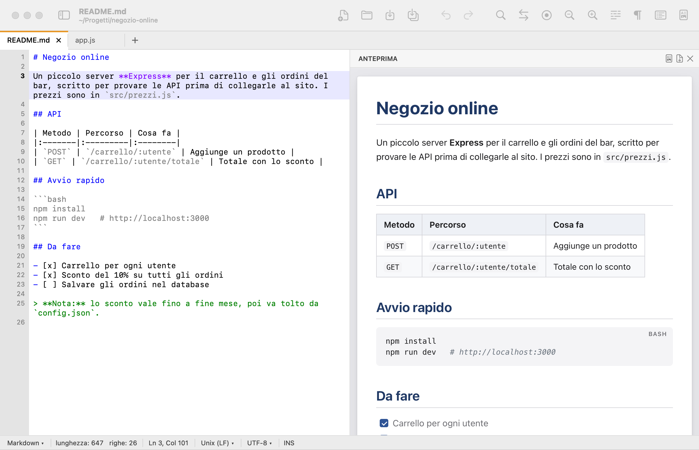 PadLab++ con un file README in Markdown a sinistra e la pagina impaginata a destra: titolo, tabella delle API, codice e caselle