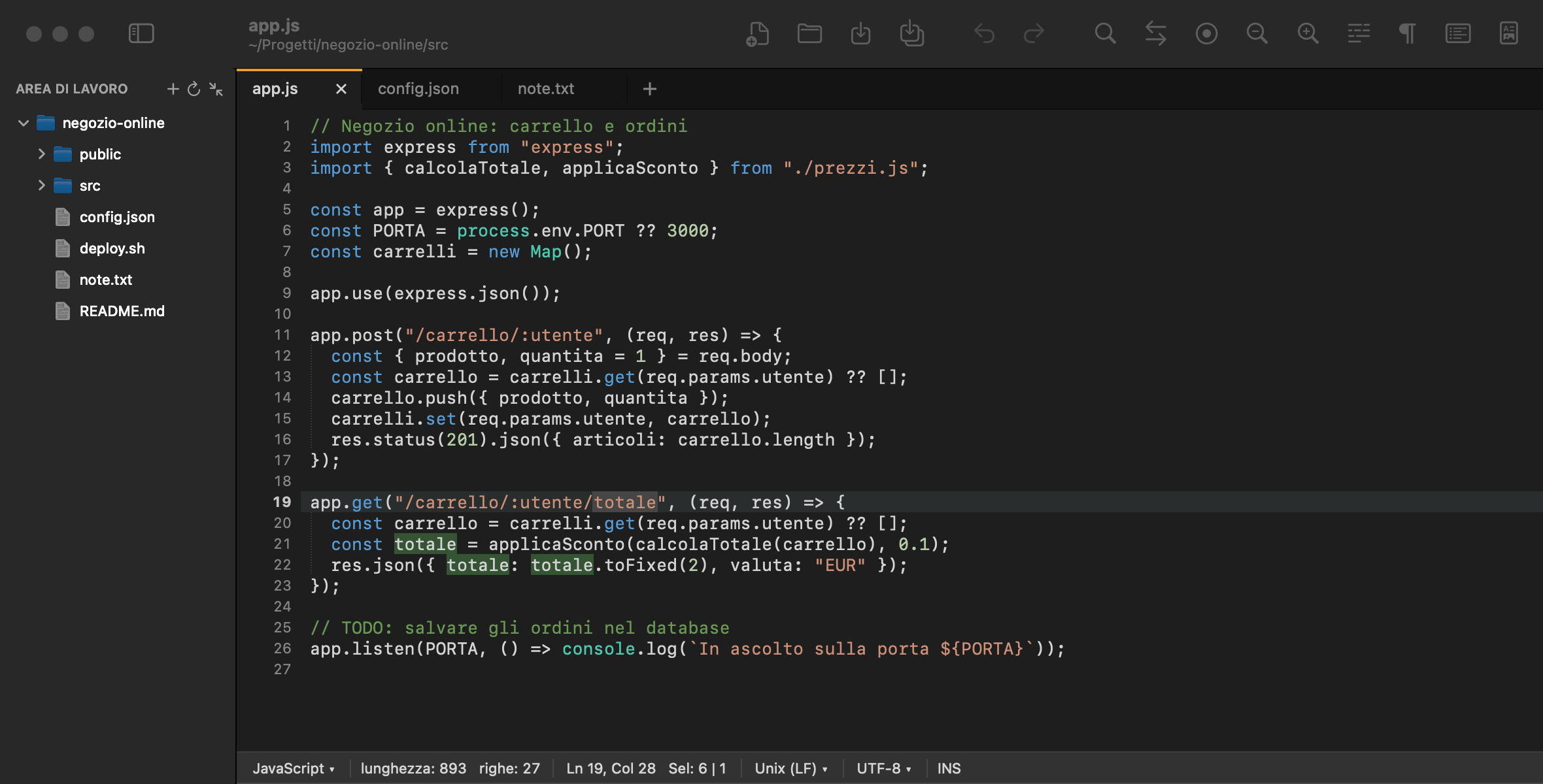 PadLab++ con il tema scuro: codice JavaScript, l'area di lavoro a sinistra e una parola evidenziata in tutto il file